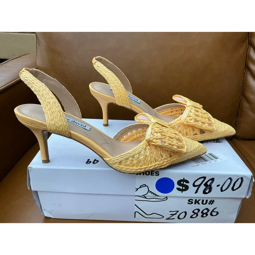 Charles David Agora Heels Womens 7M Yellow Woven Raffia Slingback Bow